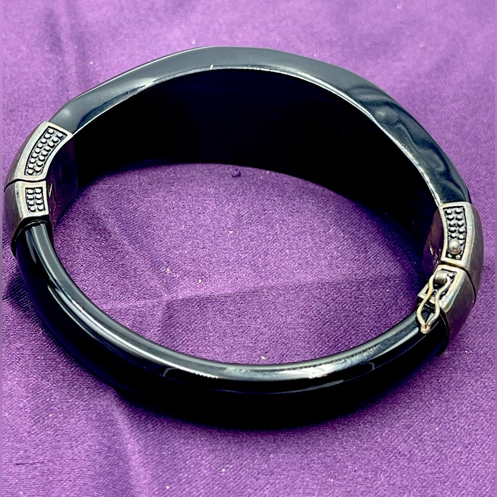 Black Faceted Solid Onyx Hinged Bangle Bracelet W… - image 4